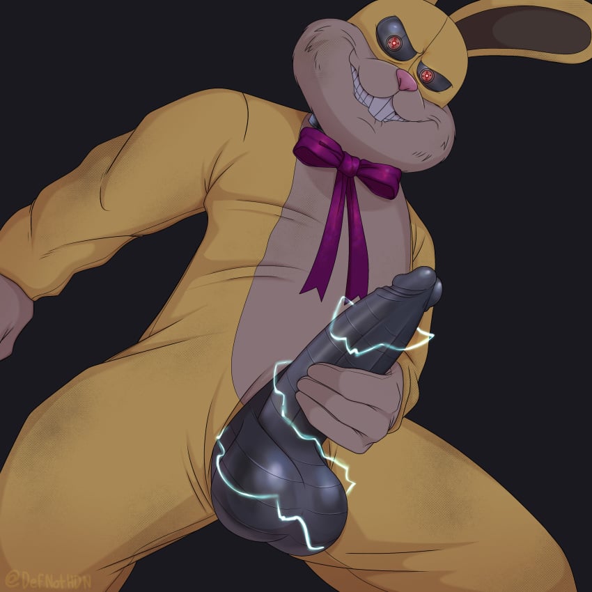 animatronic bowtie dark_deception electricity erection gloves glowing_eyes grabbing_penis looking_down lucky_the_rabbit purple_bowtie rabbit rabbit_ears rabbit_humanoid rabbit_nose rabbit_tail red_eyes robot_eyes robot_penis simple_background standing yellow_body yellow_fur