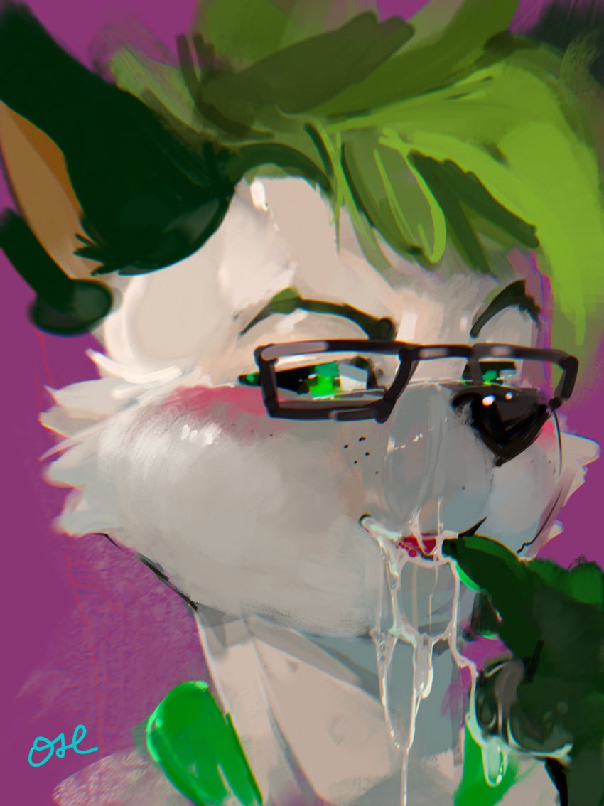 absurd_res ambiguous_gender anthro black_nose blush bodily_fluids cheek_tuft cum cum_on_face eyewear facial_tuft fur genital_fluids glasses green_body green_ears green_eyes green_fur green_hair hair hi_res looking_at_viewer narrowed_eyes oselotti purple_background rectangular_glasses short_hair signature simple_background solo tuft white_body white_fur