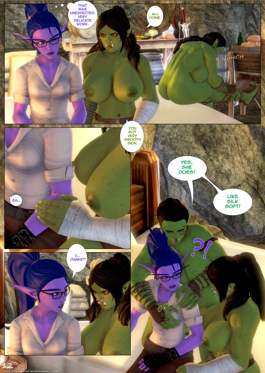 3d big_breasts blizzard_entertainment bluegirl91 comic comic_page dialogue elf_female elise_starseeker female futa_on_female futanari green_skin night_elf nude orc orc_(warcraft) orc_futanari purple_skin warcraft world_of_warcraft