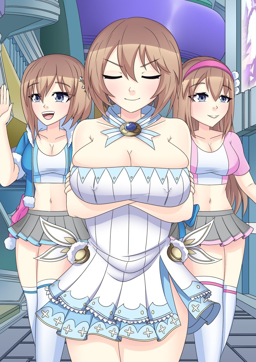 3girls aged_up alternate_breast_size alternate_costume arms_under_breasts big_breasts blanc blue_eyes breast_hold breasts brown_hair busty closed_eyes confident covered_erect_nipples crossed_arms erect_nipples_under_clothes female female_only fingerless_gloves gloves hairband highres jacket large_breasts long_hair midriff multiple_girls navel neptunia_(series) open_clothes open_jacket open_mouth parted_lips ram_(neptunia) rom_(neptunia) sensual shirt short_hair siblings sisters skirt smile teeth walking waving