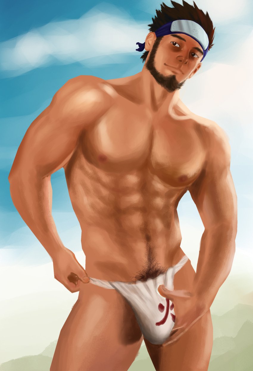 balls bara beard bulge corner_reflector facial_hair flaccid fundoshi headband male male_only muscles muscular naruto penis sarutobi_asuma solo solo_male