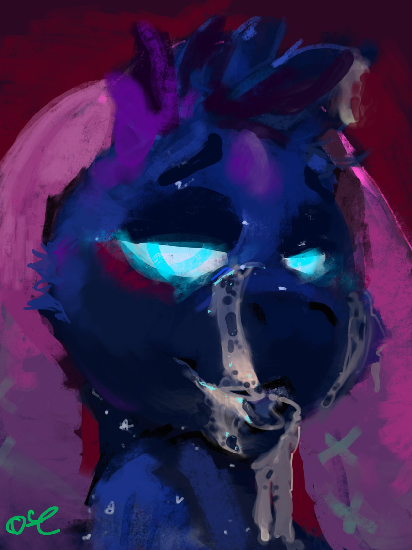 abstract_background absurd_res ambiguous_gender blue_body blue_eyes blue_fur blue_hair bodily_fluids cheek_tuft cum cum_on_face equid equine facial_tuft fur genital_fluids hair hi_res horse mammal narrowed_eyes oselotti pony short_hair signature solo tuft