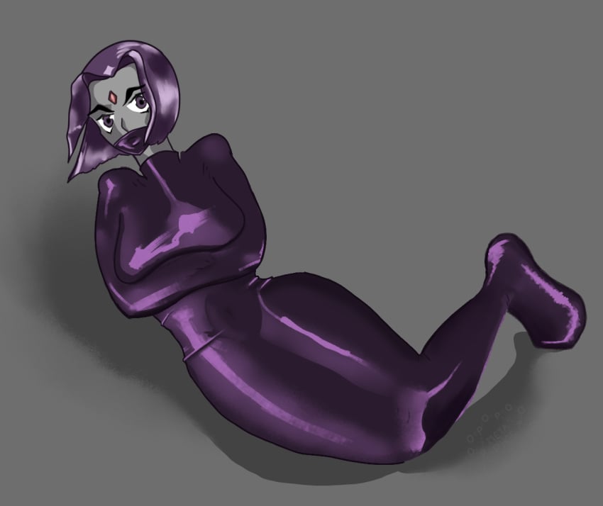 arms_tied bondage bound encasement female female_only gag gagged latex legs_tied looking_at_viewer metaphos monopod over_the_mouth_gag pale_skin purple_eyes purple_hair rachel_roth raven_(dc) rubber shiny_clothes skin_tight sleepsack teen_titans tight_clothing