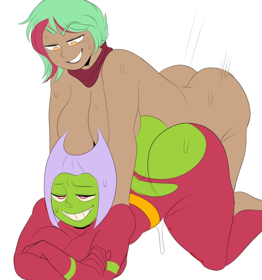 1futa 1girls all_fours big_ass big_breasts breasts butt_witch clothed clothing dark-skinned_futanari dark_skin detnox duo female flat_colors futa_on_female futanari green_skin human mostly_clothed nude oc sex twelve_forever