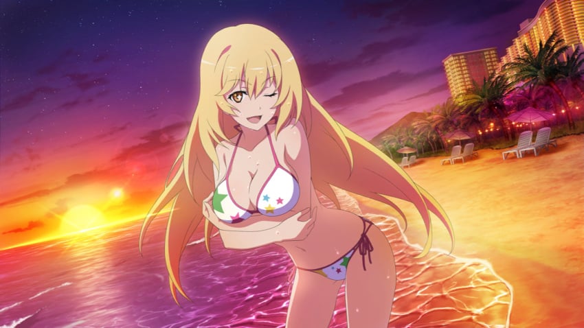 beach big_breasts bikini blinking blonde_hair long_hair official_art shokuhou_misaki star_eyes sunset swimsuit to_aru_majutsu_no_index