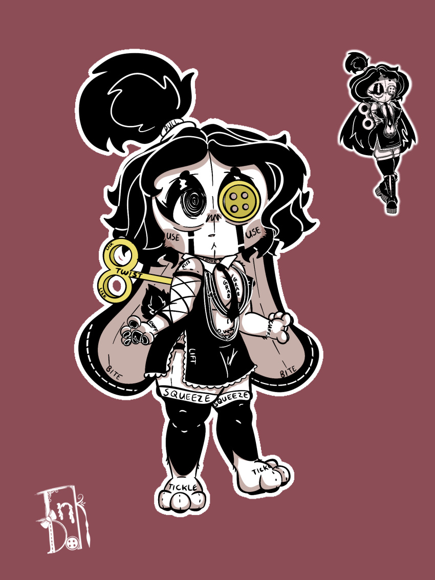 3:4 animate_inanimate anthro body_writing button_(fastener) button_eyes chibi doll female hi_res inkdoll key lagomorph leporid living_doll long_ears mammal necktie nipple_piercing nipples paws piercing rabbit redraw solo toy
