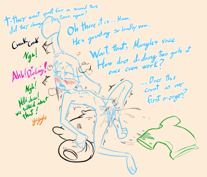 3_toes against_surface against_wall anthro arched_back aroused blue_body blush bodily_fluids bonnibel_(roommates) clothing color_coded color_coded_text dripping ear_up ears_down exclamation_point eyelashes feet female finger_fuck fingering five_nights_at_freddy's five_nights_at_freddy's_2 flat_chested genital_fluids genitals group half-closed_eyes head_tuft hearing_noises heart_symbol icepack lagomorph leaking leporid long_ears mammal masturbation narrowed_eyes nude nude_female offscreen_character offscreen_sex penetration pillow pivoted_ears pussy pussy_juice_drip pussy_juice_leaking pussy_juice_on_clothing pussy_juice_on_ground question_mark rabbit roommates:motha scottgames shaking shirt slim solo soulcentinel spread_legs spreading spying stained_clothing stained_shirt sweat sweatdrop toes topwear toy_bonnie_(fnaf) trembling trembling_for_pleasure trio tuft vaginal_fluids vaginal_masturbation vaginal_penetration vaginal_penetration