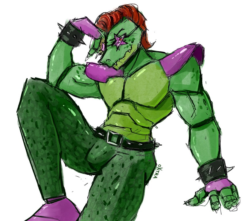 5_fingers animatronic anthro bracelet bulge clothing detailed_bulge eyewear fingers five_nights_at_freddy's five_nights_at_freddy's:_security_breach genital_outline glasses green_body green_skin hand_on_head hi_res humanoid jewelry looking_at_viewer machine male mohawk montgomery_gator_(fnaf) muscular muscular_male oxtra penis_outline robot robot_humanoid scottgames sharp_teeth shoulder_pads solo spiked_bracelet spikes spread_legs spreading star_glasses steel_wool_studios teeth tight_clothing