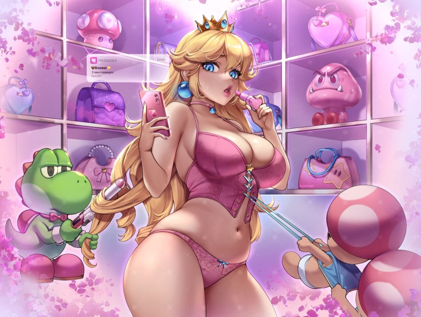 1girls 2023 blonde_hair blue_eyes breasts choker cleavage corset ear_piercing earrings female female_focus hair_straightener handbag highres large_breasts light-skinned_female light_skin lipstick mario_(series) navel panties phone pink_panties potetos7 princess_peach toad_(mario) yoshi