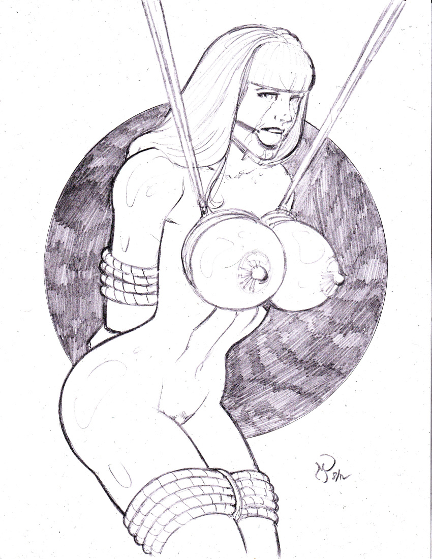 arms_behind_back bondage gag gagged magik_(illyana_rasputin) marvel michael_powell monochrome nipples tagme x-men