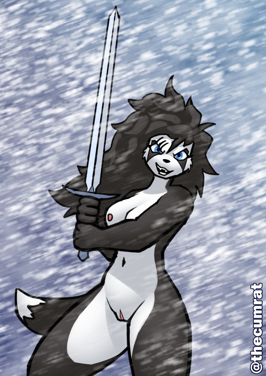 absurd_res anthro bear black_body black_fur black_hair blizzard_entertainment blue_eyes breasts fantasy female fur genitals hair hi_res holding_object holding_weapon long_hair mammal melee_weapon nipples nude pandaren pussy scar slightly_chubby smile snow snowstorm solo sword tail thecumrat thick_thighs warcraft warrior weapon white_body white_fur wide_hips