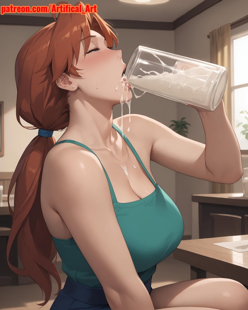 1girls ai_generated anime_girl artifical_art blue_eyes blush brown_hair cum cum_drinking cum_in_mouth delia_ketchum_(pokemon) dripping dripping_cum dripping_semen hair_tie long_hair mature_female mature_woman medium_breasts milf mommy mother open_mouth perfect_body pokemon ponytail tied_hair