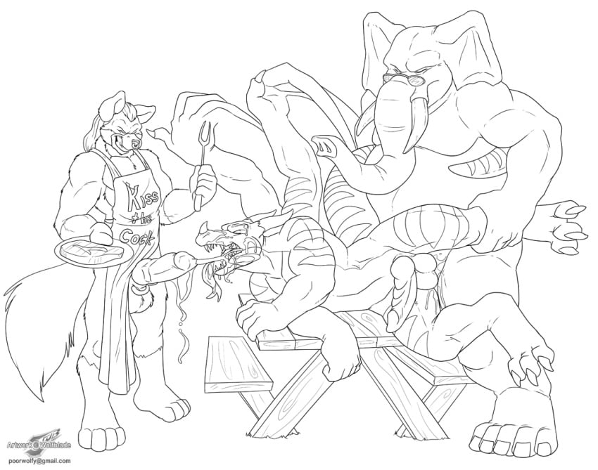 anal anthro balls canid canine dragon elephant elephantid english_text forked_tongue furniture genitals group hysterium lying male male/male mammal monochrome muscular mythological_creature mythological_scalie mythology on_side penis proboscidean scalie smile standing table tabra text tongue tongue_out trio tymbre url wolfblade