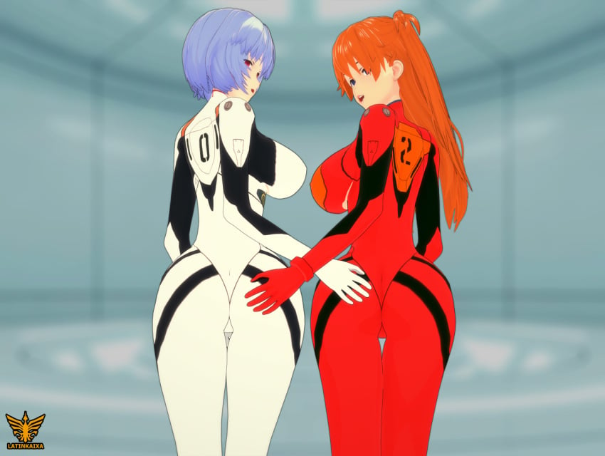 2girls 3d artist_logo artist_name ass asuka_langley_sohryu blue_hair hand_on_another's_ass large_ass large_breasts latinkaixa neon_genesis_evangelion orange_hair plugsuit rei_ayanami