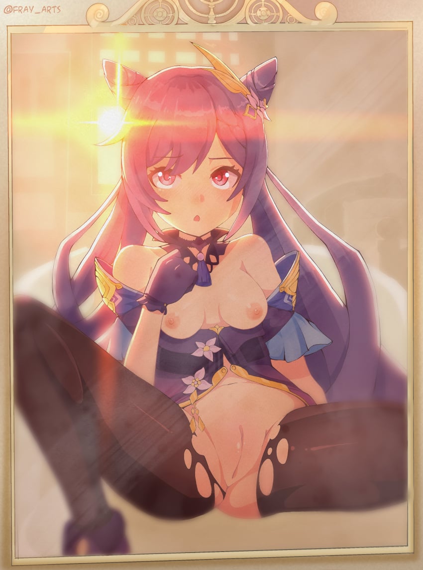 :o absurdres bare_shoulders black_pantyhose blush breasts breasts_out brown_background choker cone_hair_bun double_bun dress female film_grain flower fray_(fray_arts) frilled_gloves frills genshin_impact gloves hair_bun hair_ears hair_ornament hair_ornament_request heavy_lens_flare highres indoors keqing_(genshin_impact) lens_flare long_hair looking_at_mirror looking_at_viewer medium_breasts mirror nipples open_mouth pantyhose purple_dress purple_eyes purple_gloves purple_hair pussy short_dress sitting solo torn_clothes torn_pantyhose twintails twitter_username white_flower