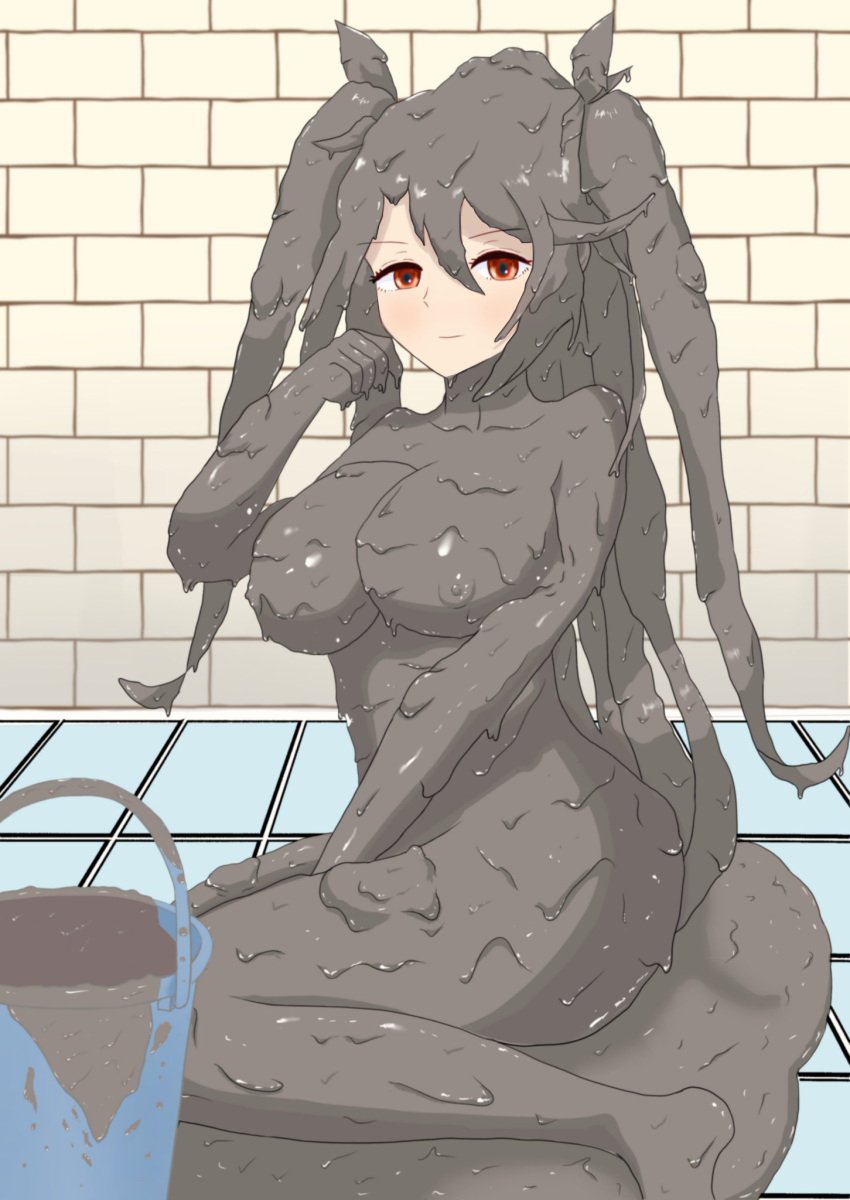 azur_lane bathroom bucket covered_in_mud fully_nude hair_ribbon kneeling mud muddy naked nipples numeron01 orange_eyes prinz_eugen_(azur_lane) rubbing_pussy teasing