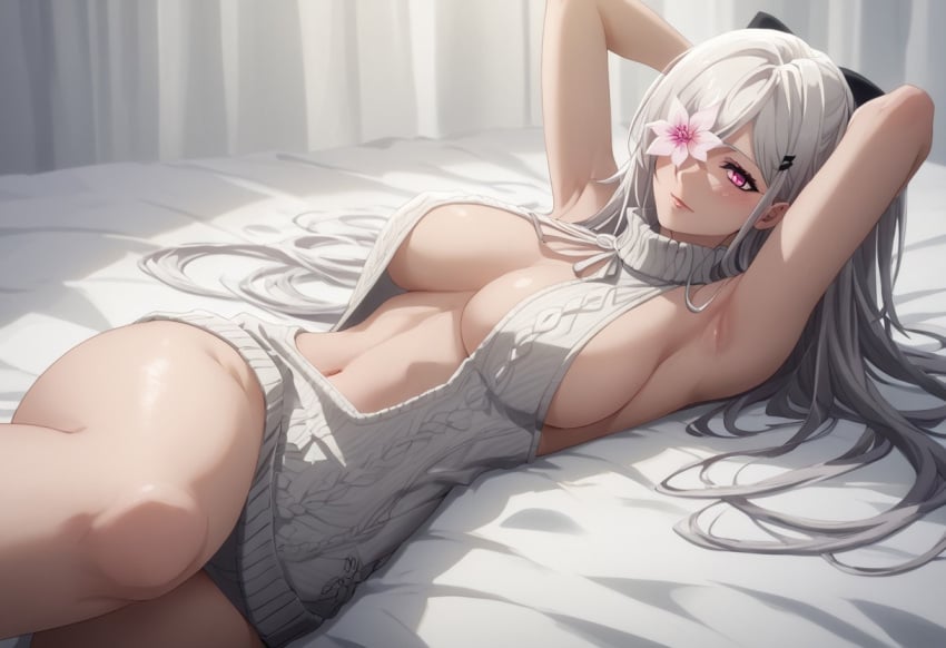 ai_generated armpits arms_up breasts drag-on_dragoon_3 drakengard_3 female female_only flower flower_in_eye large_breasts long_hair lying lying_on_bed navel pale-skinned_female pale_skin pink_eyes ribbon smile thighs virgin_killer_sweater white_hair zero_(drag-on_dragoon) zero_(drakengard)