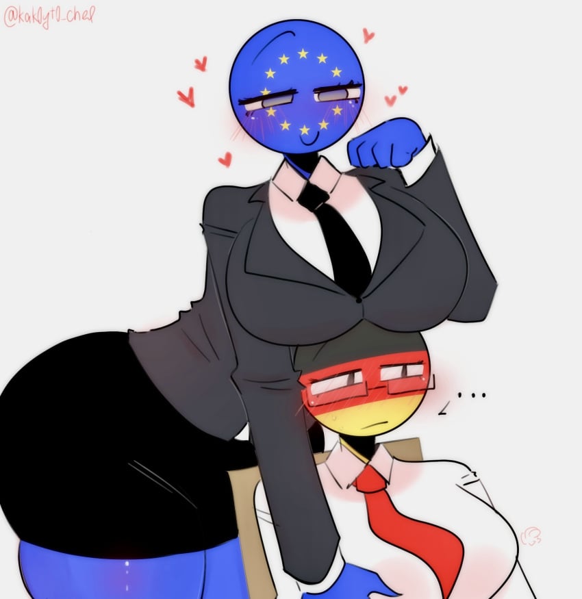 1futa 1girls big_ass big_breasts blush breasts_on_head clothed countryhumans countryhumans_girl european_union_(countryhumans) female female_only futanari germany_(countryhumans) groping_breast hearts_around_head kak0yt0_chel lesbians suit_and_tie teasing uncomfortable