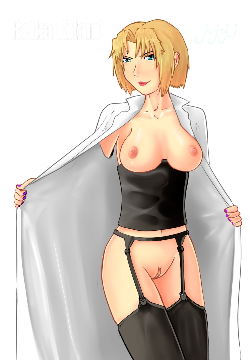 bible_black blonde_hair blue_eyes breasts jujoji kitami_reika labcoat nipples pussy thighhighs