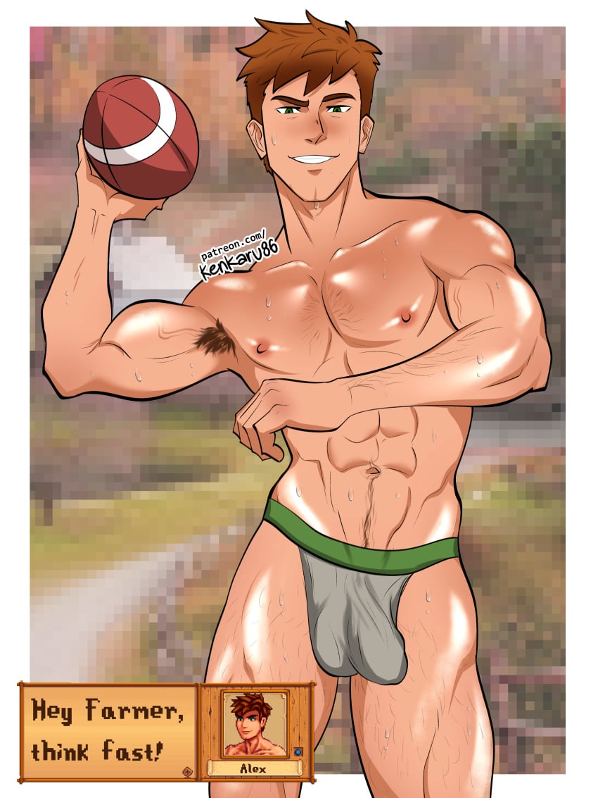 1boy abs alex_mullner alternate_version_at_source alternate_version_available armpits bulge english_text football happy_trail jockstrap jockstrap_only kenkaru86 looking_at_viewer male muscular_male smile stardew_valley sweat tagme