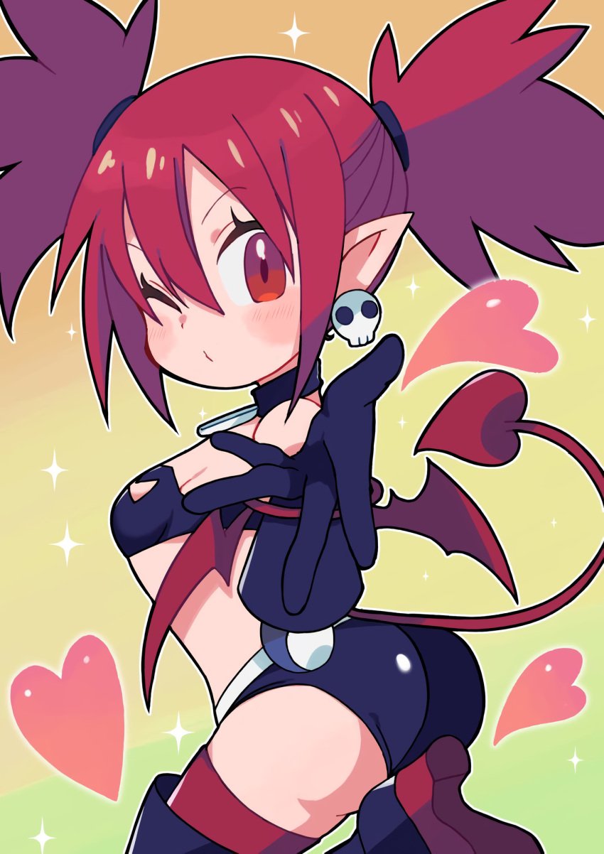 1girls ass big_ass blowing_kiss blush breasts demon_girl demon_tail demon_wings disgaea etna fat_ass female female_only gloves heart highres huge_ass legs looking_at_viewer looking_back medium_hair midriff one_eye_closed pointy_ears pose posing puckered_lips red_eyes red_hair shorts sideboob small_breasts solo tail thighs twintails wings wink