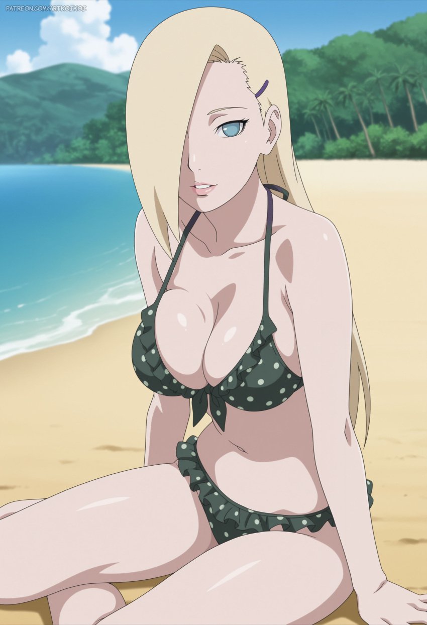 1girls ai_generated alternate_hairstyle artkoikoi beach beach_background bikini blonde_hair boruto:_naruto_next_generations female_only green_eyes hair_down ino_yamanaka naruto naruto:_the_last naruto_(series)