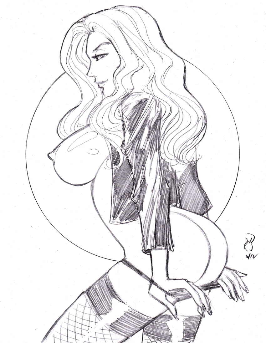 1girls areola ass black_and_white black_canary breasts dat_ass dc dinah_lance fishnet_stockings green_arrow_(series) michael_powell nipples panty_pull sketch