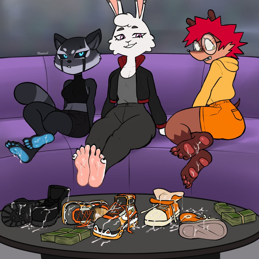 absurd_res ailurid annoyed anthro bodily_fluids boots bottomwear claire_(lfswail) clothed clothing converse cum cum_on_clothing cum_on_feet cum_on_footwear cum_on_shoes embarrassed eulipotyphlan feet female footwear furniture genital_fluids group hedgehog hexecat hi_res lagomorph leporid mammal money ollie_(lfswail) phobe_(lfswail) rabbit red_panda shoes shorts smile sneakers sofa soles topwear trio