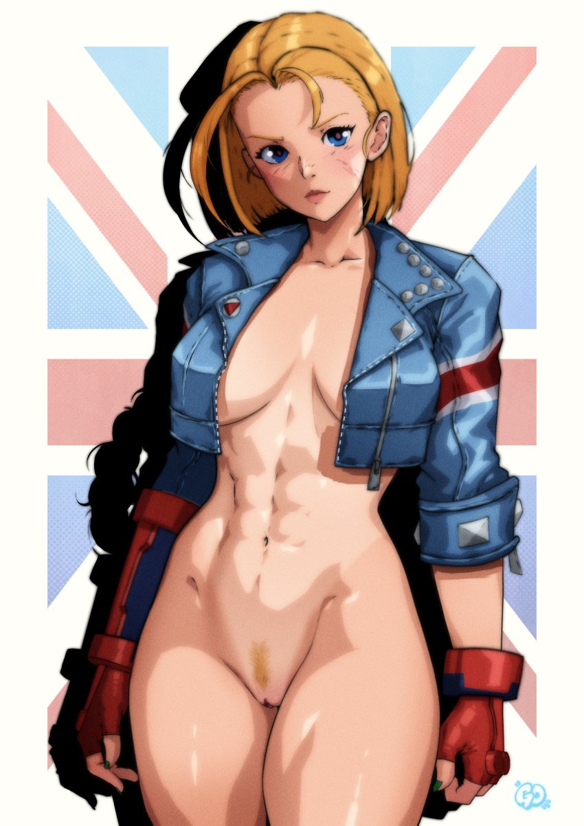 1girls abs absurd_res blonde_hair blue_eyes blue_jacket bob_cut bottomless bottomless_female cammy_white capcom facial_scar fingerless_gloves gloves gravydood jacket looking_at_viewer pubic_hair pussy short_hair solo_female street_fighter street_fighter_6 thighs union_jack