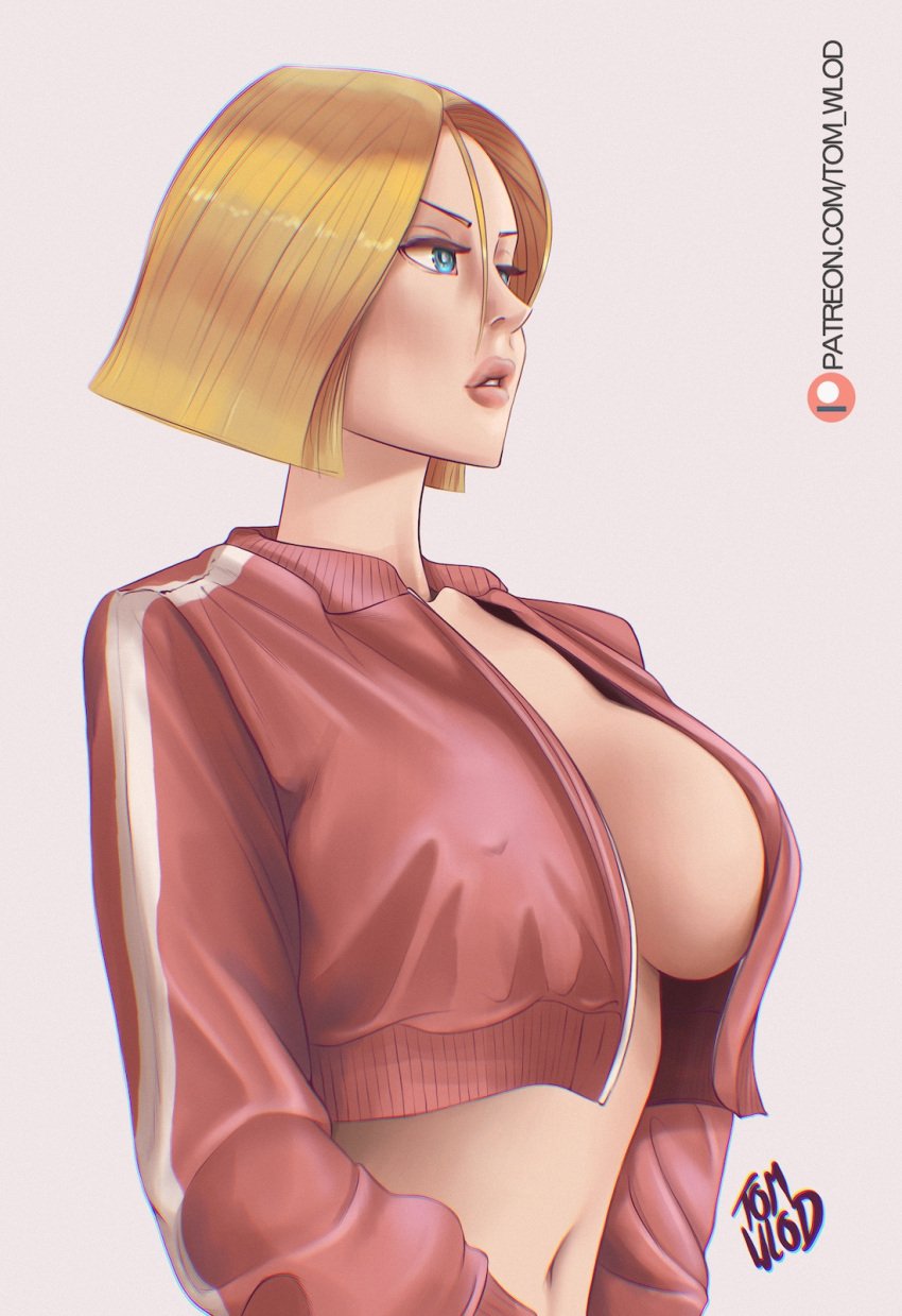 1girls android_18 big_breasts blonde_hair breasts dragon_ball dragon_ball_z female huge_breasts sideboob solo tom_wlod