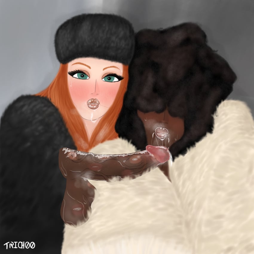 2girls afro after_oral artist_name blush desiree_(trich00art) disembodied_penis fur fur_coat fur_hat ginger ginger_hair green_eyes katalina_(trich00art) lipstick lipstick_mark lipstick_on_penis original original_characters penis puckered_lips saliva selfie selfie_pose sweat trich00art