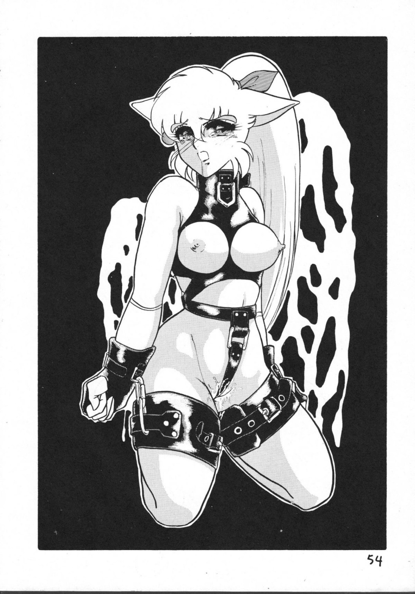 1990s 1992 1girls 20th_century anthro artist_request blush breasts cat feline female fur furry greyscale kemono large_breasts long_hair mammal meeya monochrome nipples rpg_densetsu_hepoi straight_hair tagme tail