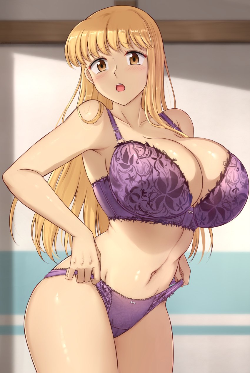 1girls absurdres akimoto_katherine_reiko bare_arms blonde_hair blush bra breasts brown_eyes cleavage collarbone commentary_request highres huge_breasts indoors kochikame long_hair looking_at_viewer navel open_mouth panties purple_bra purple_panties reiko_katherine_akimoto sideboob skywalker0610 solo standing teeth underwear underwear_only upper_teeth_only