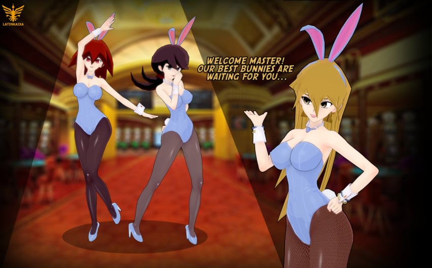 3d 3girls alexis_rhodes artist_logo artist_name black_hair blonde_hair blue_leotard bunny_ears bunnysuit english_text jasmine_(yu-gi-oh!) junko_makurada koikatsu_(medium) latinkaixa leotard mindy_(yu-gi-oh!) momoe_hamaguchi playboy_bunny red_hair yu-gi-oh! yu-gi-oh!_gx