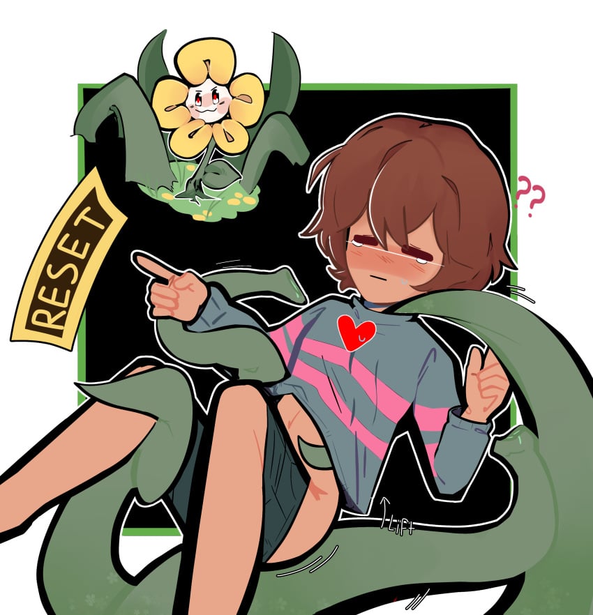 age_regression blank_expression crying flowey_the_flower frisk frisk_(regressiontale) frisk_(undertale) game_ui imminent_penetration littlesin_(artist) undertale undertale_au vine_bondage vines wardrobe_malfunction