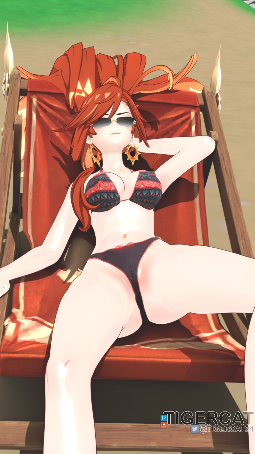 1girls 3d background beach bikini blender closed_eyes female female_only genshin_impact hand_on_head light-skinned_female light_skin mavuika_(genshin_impact) red_chair red_hair sexy solo succubus_tattoo sunglasses tagme tigercat tinted_eyewear