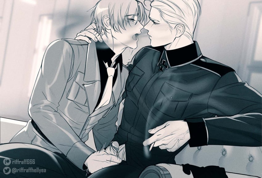 2boys axis_powers_hetalia breast_pocket cigarette closed_mouth collared_shirt commentary couch elbow_rest english_commentary erection eye_contact germany_(hetalia) greyscale hair_behind_ear hand_on_another&#039;s_shoulder handjob highres holding holding_cigarette lapels long_sleeves looking_at_another male_focus monochrome motion_lines multiple_boys necktie northern_italy_(hetalia) notched_lapels open_mouth penis pocket riffraffhellyea shirt short_hair sideburns sitting sleeve_cuffs smoke smoke_trail twitter_username veins veiny_hands wing_collar yaoi