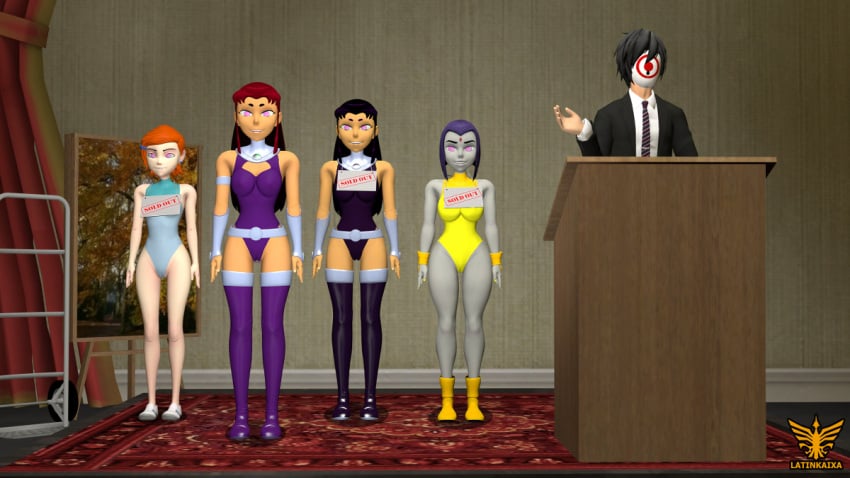 4girls artist_logo artist_name auction ben_10 black_hair black_leotard blackfire blue_leotard gwen_tennyson latinkaixa leotard multiple_girls orange_hair purple_hair purple_leotard raven_(dc) red_hair slave_auction starfire teen_titans yellow_leotard