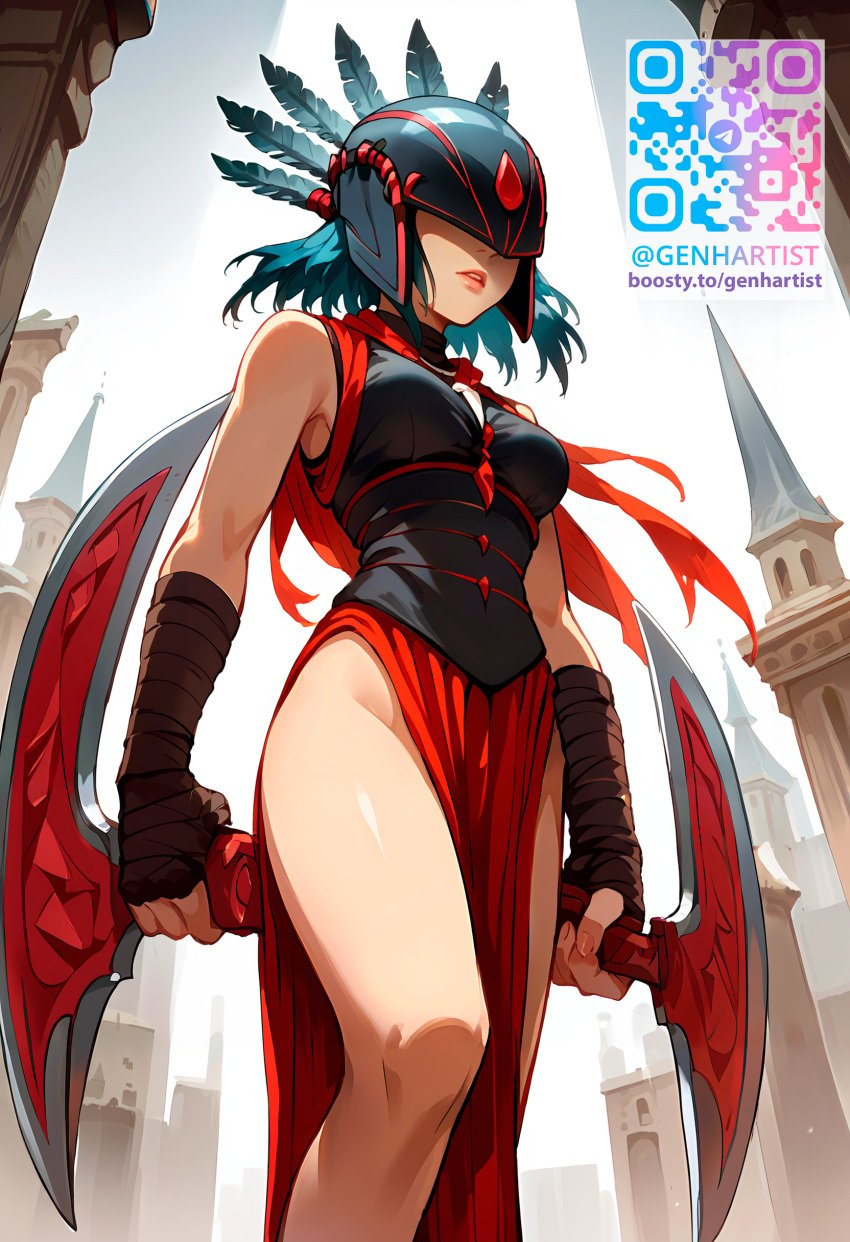 ai_generated arm_bandages blade bloodseeker dota_2 feathers female genderswap_(mtf) genhartist helmet holding_weapon loincloth mask qr_code r63 sitting