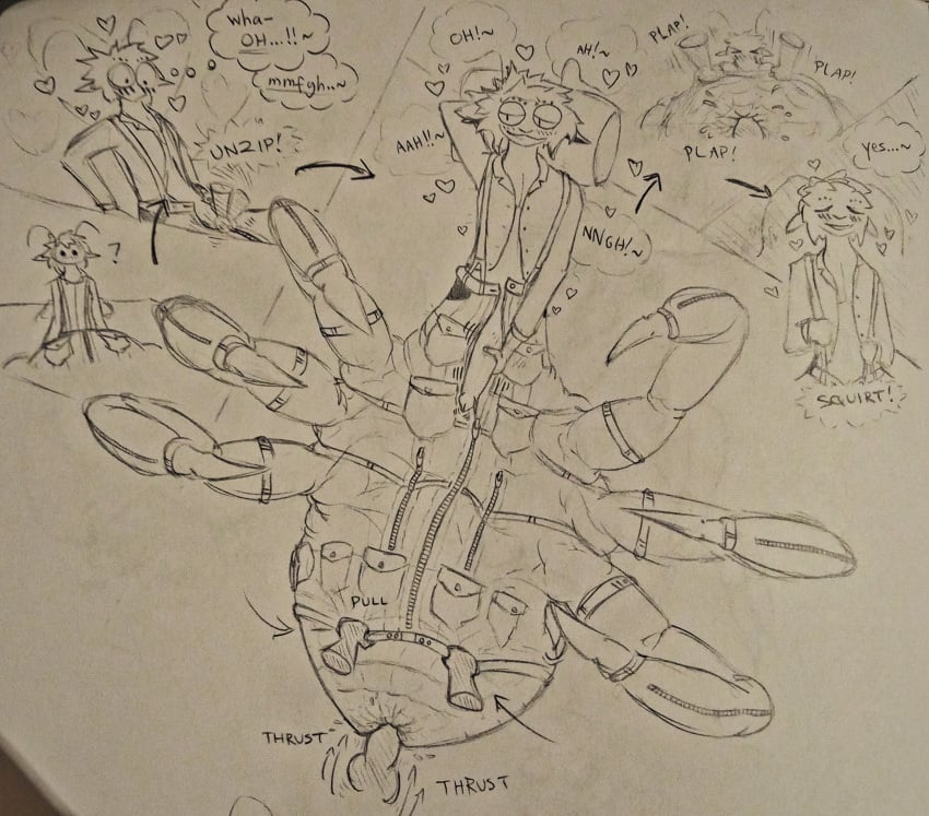 6_legs absurd_res anal arthropod arthropod_abdomen arthropod_taur bottomwear cargo_pants clothing denim denim_bottomwear denim_clothing genitals hi_res holding_penis insect_legs insect_taur insects jeans jeans_pull legs_in_air male mini_comic pants penis pov_hands solo sound_effects suspenders taur unzipping_pants whimper