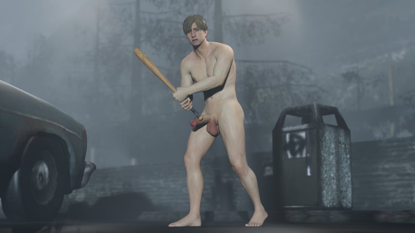 3d 3d_(artwork) 3d_model afraid baseball_bat bloober_team elmamoru erect erection holding_weapon horror_(theme) james_sunderland konami light-skinned_male light_skin male male_focus male_only naked naked_male nervous nervous_expression nude nude_male silent_hill silent_hill_2 silent_hill_2_remake