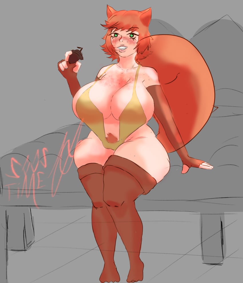 bedroom bikini emerald_eyes ginger ginger_hair gray_background honey_moon huge_breasts marvel_rivals pubic_hair_peek smiling_at_viewer socks squirrel_ears squirrel_girl_(marvel) squirrel_girl_(marvel_rivals) squirrel_tail staring_at_viewer voluptuous_female wide_hips