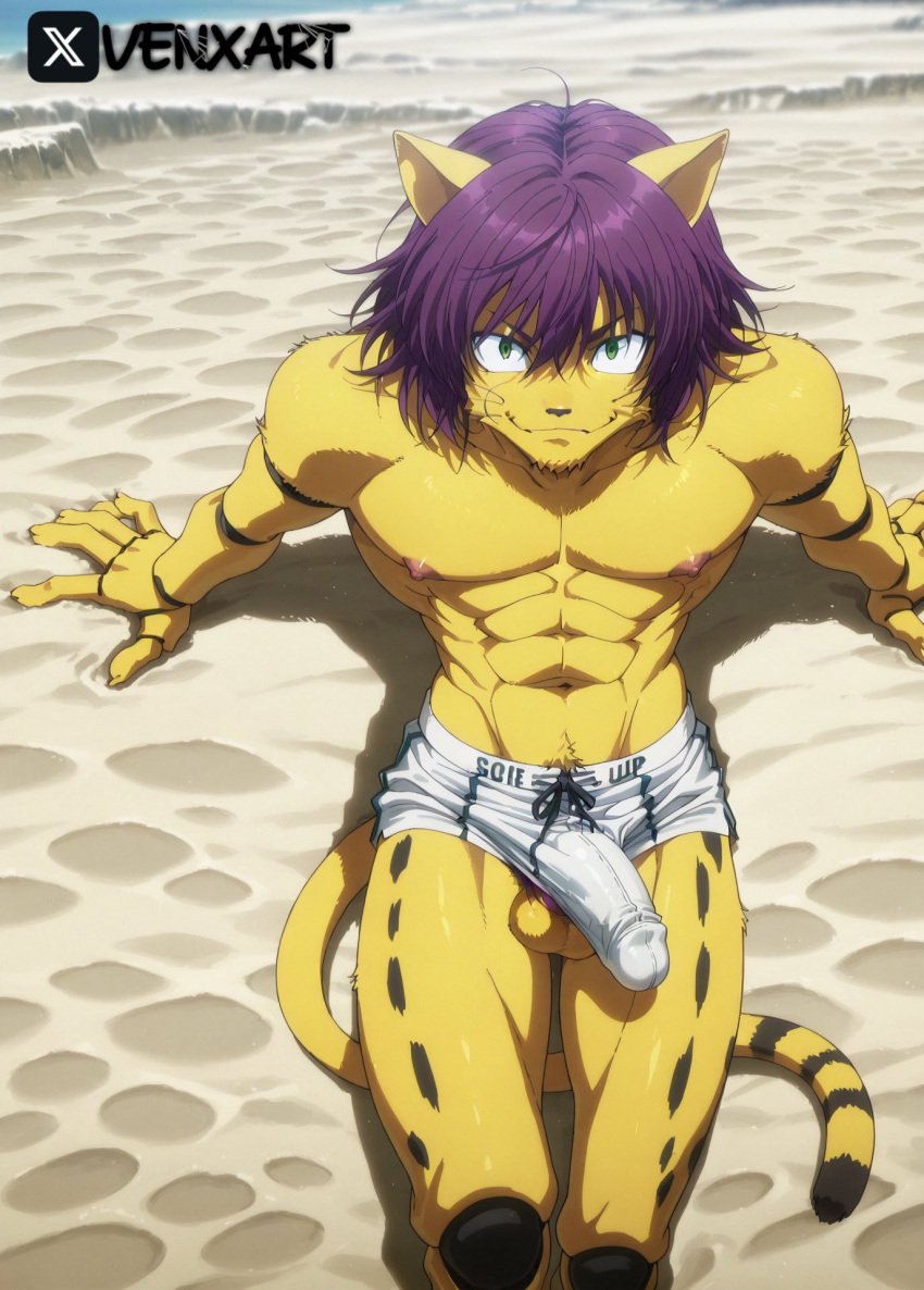 ai_generated boner cheetah cheetu_(hunter_x_hunter) chimera_ant desert erection erection_under_clothes feline furry furry_balls furry_male gay hentaudio hunter_x_hunter long_tail nipples penis purple_hair twink yaoi yellow_fur