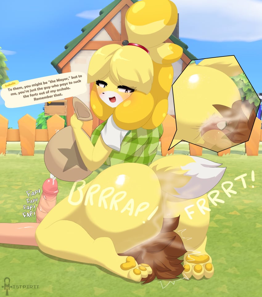 absurd_res anal anal_request animal_crossing anthro ass big_butt big_penis blonde_hair bottomless brown_hair canid canine canis clothed clothing dialogue domestic_dog duo ejaculation facesitting fart fart_cloud fart_fetish fart_sniffing farting_in_mouth farting_on_face female female_on_top genitals green_eyes hair header header_box hi_res huge_butt human isabelle_(animal_crossing) male male/female male_rimming_female mammal masturbation misleading_thumbnail mistpirit nintendo on_top oral oral_request outside penile penile_masturbation penis requesting rimming rimming_request sex sex_request sitting_on_another sniffing text text_header villager_(animal_crossing) yellow_body