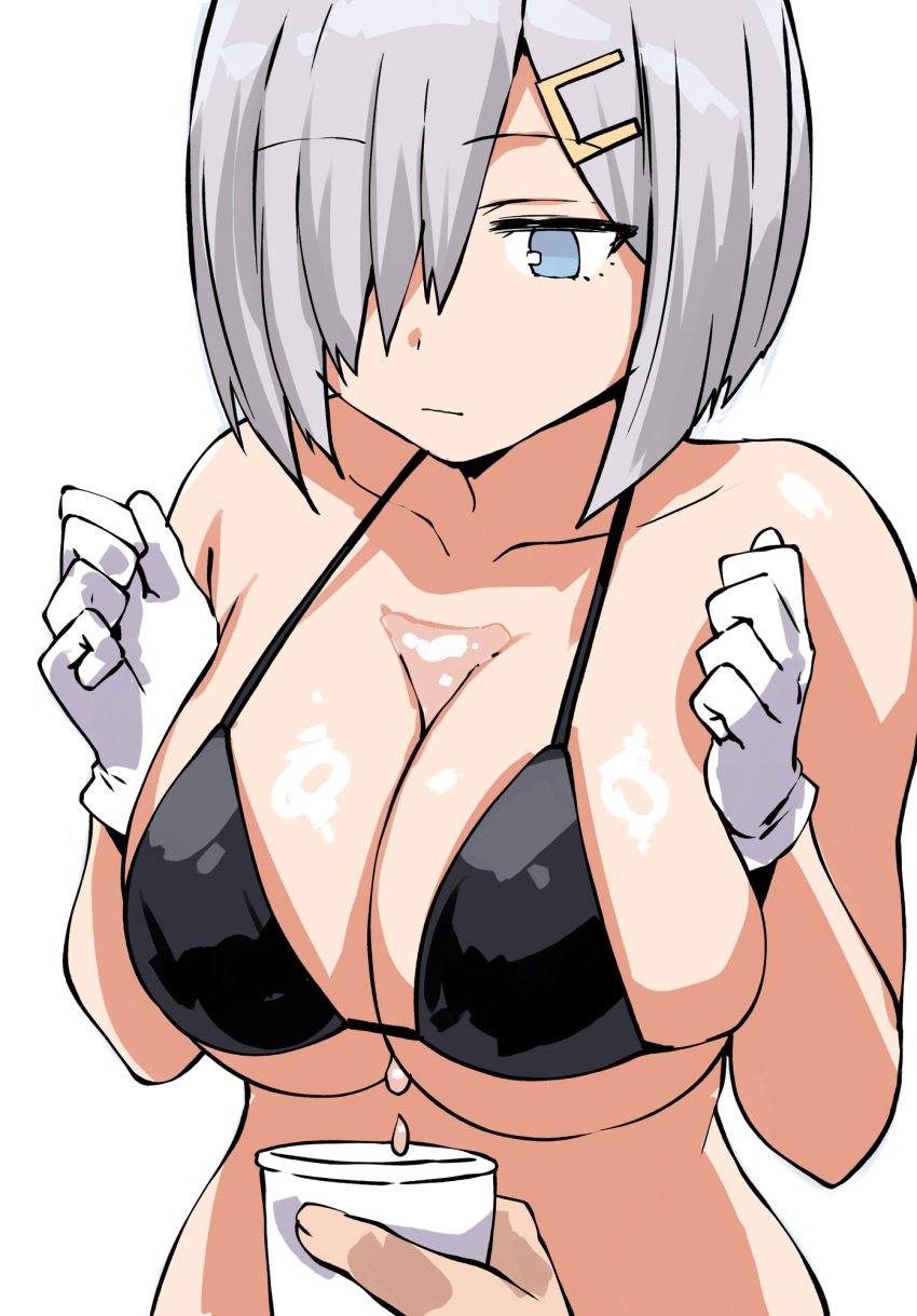 1girls 1other 2d belko big_breasts bikini bikini_top black_bikini black_bikini_top blue_eyes breasts cleavage cup dripping female female_focus gloved_hands gloves hair hairclip hamakaze_(kantai_collection) hi_res kantai_collection light-skinned_female light_skin short_hair white_gloves white_hair