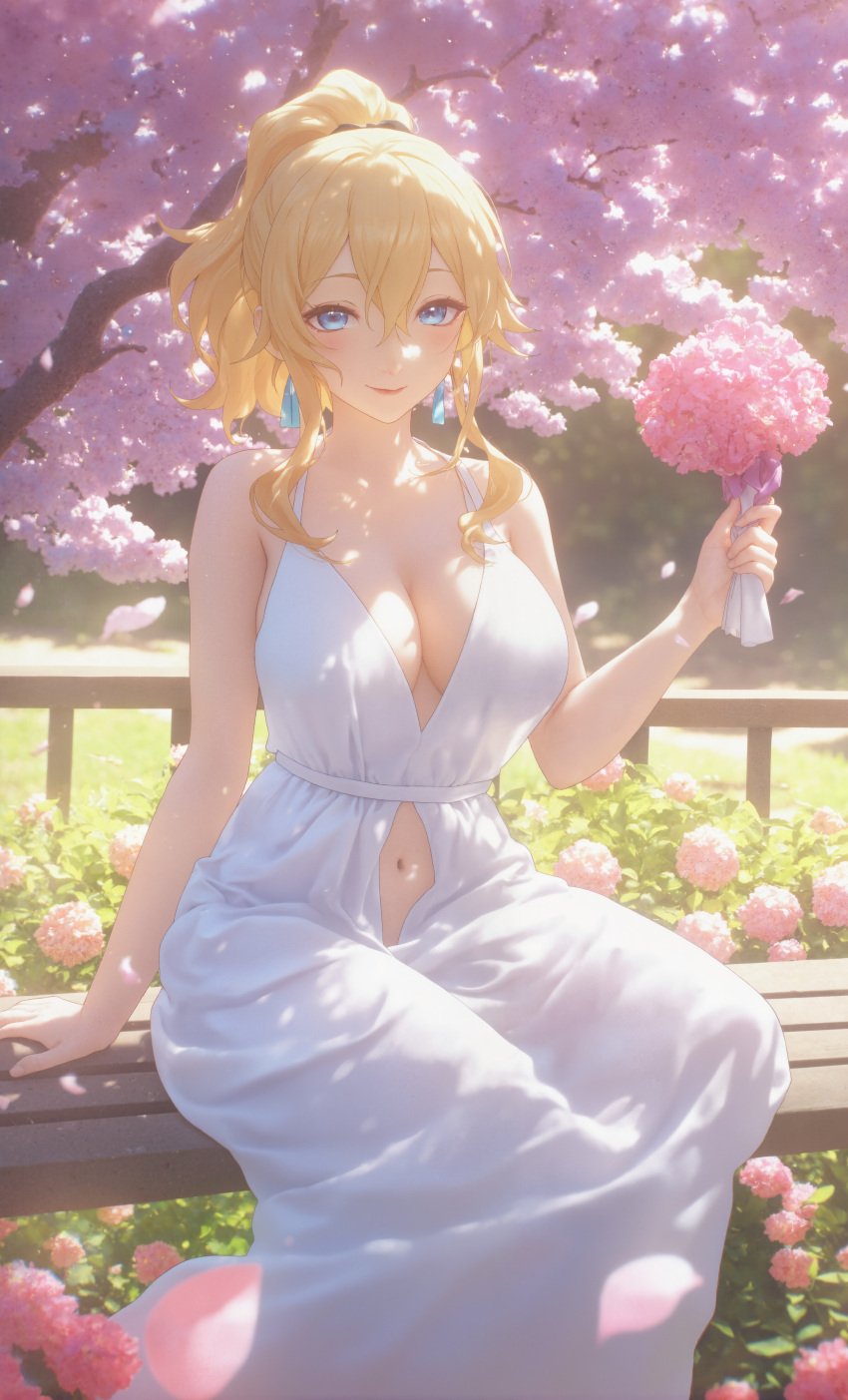 absurd_res ai_generated alternate_costume arm_support backlighting bare_arms bare_shoulders bench blonde_hair blue_eyes blush bouquet breasts bush center_opening cherry_blossoms cleavage cleavage_cutout closed_mouth clothing_cutout collarbone cross cross_earrings day dress earrings falling_petals feet_out_of_frame female fingernails flower genshin_impact grass hair_between_eyes hand_up high_ponytail holding holding_bouquet holding_flower jean_gunnhildr jewelry large_breasts lips long_dress long_hair looking_at_viewer medium_hair ministro nail_polish navel navel_cutout on_bench outdoors park_bench petals pink_flower pink_rose plunging_neckline ponytail railing red_flower rose sidelocks sitting sitting_on_bench sleeveless sleeveless_dress smile solo stomach stomach_cutout sundress sunlight tree wedding_dress white_dress