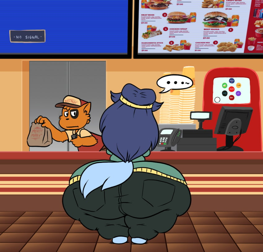 ... 1boys 1girls anthro ass blue_fur burger canine canine_humanoid cap cashier fast_food fast_food_employee fast_food_restaurant fawxen feline feline_humanoid female female_focus flat_screen_tv fries furry hair_tie hairband hat hips hyper hyper_ass large_ass lita_(fawxen) male orange_fur overweight overweight_female thick_thighs thighs wide_ass wide_hips