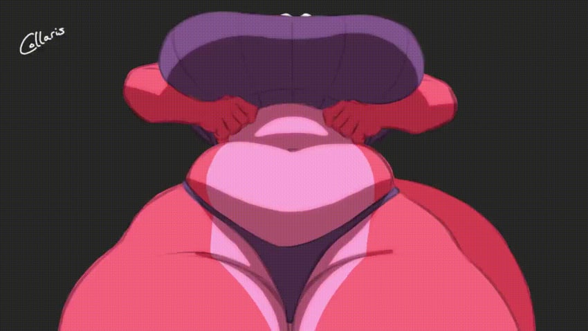 animated blue_eyes chubby_female collaris crop_top female flashing_breasts gif huge_breasts nipple_piercing original_character red_body reptile_humanoid scalie shirt_lift tail thick_thighs thong thyllin_(collaris)