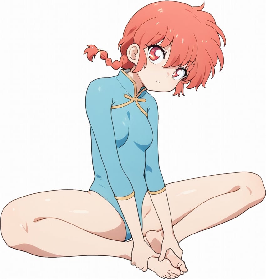 athletic_leotard bare_legs bare_thighs barefoot blue_leotard braid breasts chinese_clothes closed_mouth feet leotard odochi_(1or8) ranma-chan ranma_1/2 red_eyes red_hair shiny_skin small_breasts thighs toes