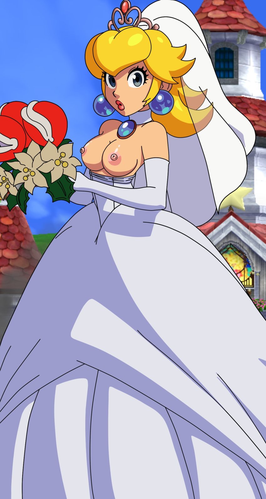 blonde_hair blue_eyes bouquet breasts earrings elbow_gloves gloves mario_(series) nintendo piranha_plant piranha_plant_bouquet princess_peach super_mario_odyssey wedding_dress wedding_peach_(super_mario_odyssey) wedding_veil